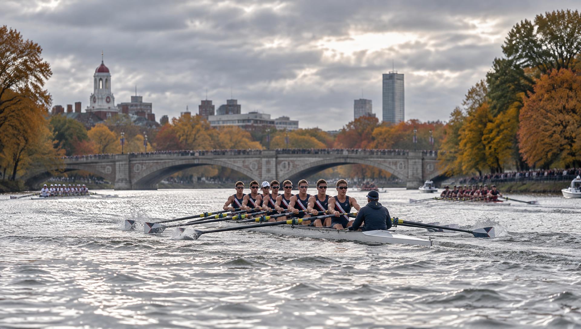 An eight-person rowing crew racing on the Charles River in autumn